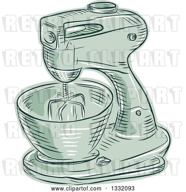 Vector Clip Art of Retro Sketched or Engraved Green Kitchen Mixer