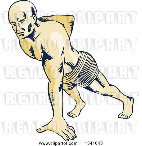 Vector Clip Art of Retro Sketched or Engraved Guy Doing One Handed Push Ups