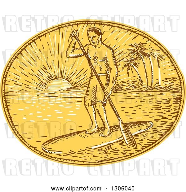 Vector Clip Art of Retro Sketched or Engraved Guy Paddle Boarding Against a Tropical Island and Sunset in an Oval