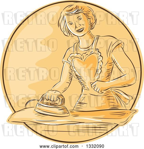 Vector Clip Art of Retro Sketched or Engraved Happy Housewife Wearing an Apron and Ironing Laundry in an Orange Circle