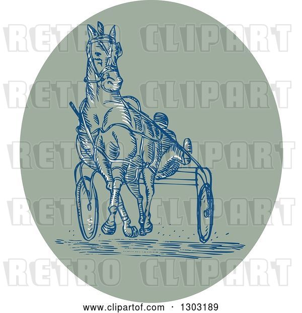 Vector Clip Art of Retro Sketched or Engraved Harness Racing Scene in an Oval