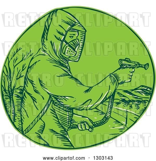 Vector Clip Art of Retro Sketched or Engraved Herbicide Sprayer in a Green Circle