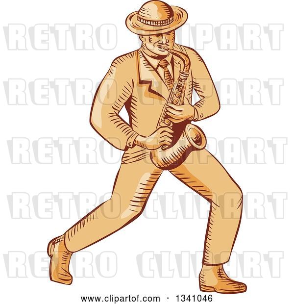 Vector Clip Art of Retro Sketched or Engraved Jazz Musician Playing a Saxophone