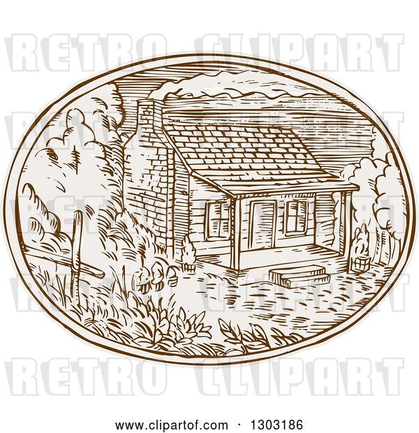 Vector Clip Art of Retro Sketched or Engraved Log Cabin with Smoke Rising Rom the Chimney in an Oval