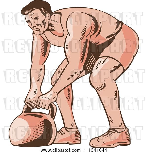 Vector Clip Art of Retro Sketched or Engraved Male Bodybuilder Working out with a Kettlebell