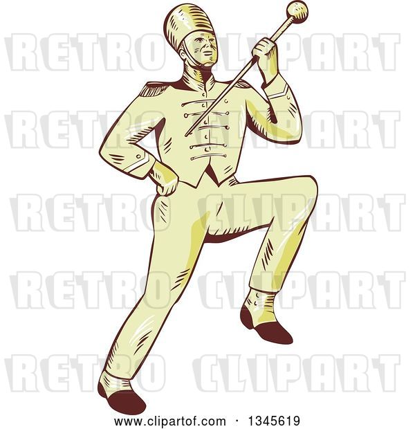 Vector Clip Art of Retro Sketched or Engraved Marching Band Drum Major Holding up a Baton