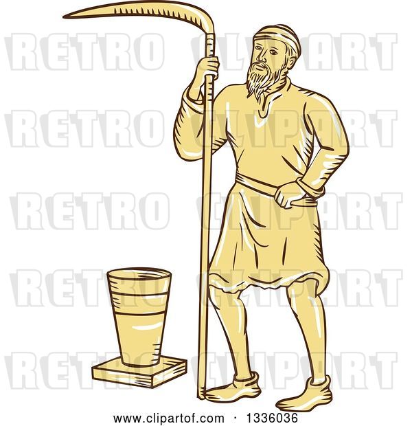 Vector Clip Art of Retro Sketched or Engraved Medieval Male Farmer with a Scythe and Bucket