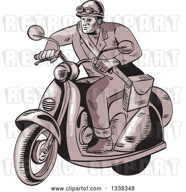 Vector Clip Art of Retro Sketched or Engraved Messenger on a Scooter