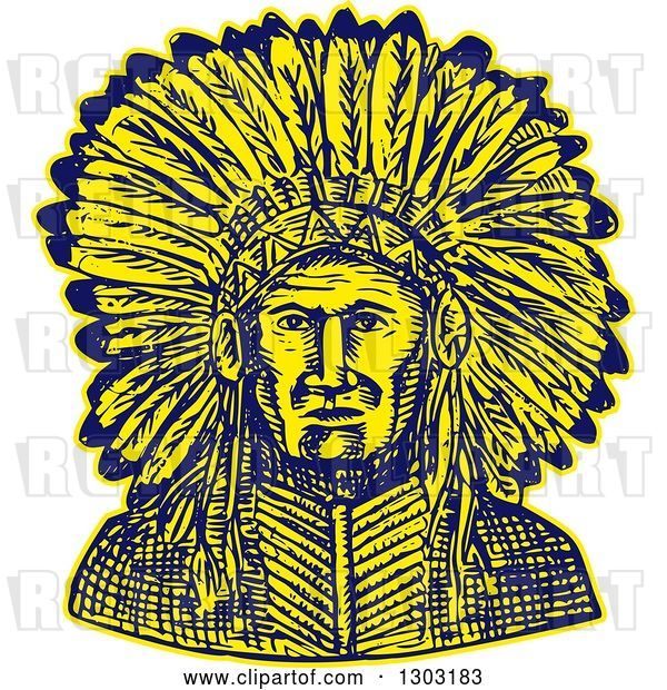 Vector Clip Art of Retro Sketched or Engraved Native American Indian Chief