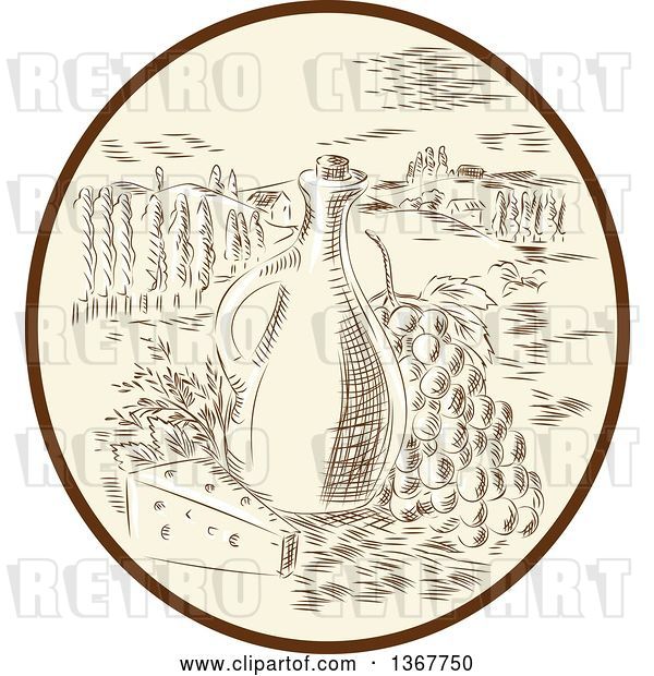 Vector Clip Art of Retro Sketched or Engraved Olive Jar, Grapes and Cheese in a Tuscan Landscape Within an Oval