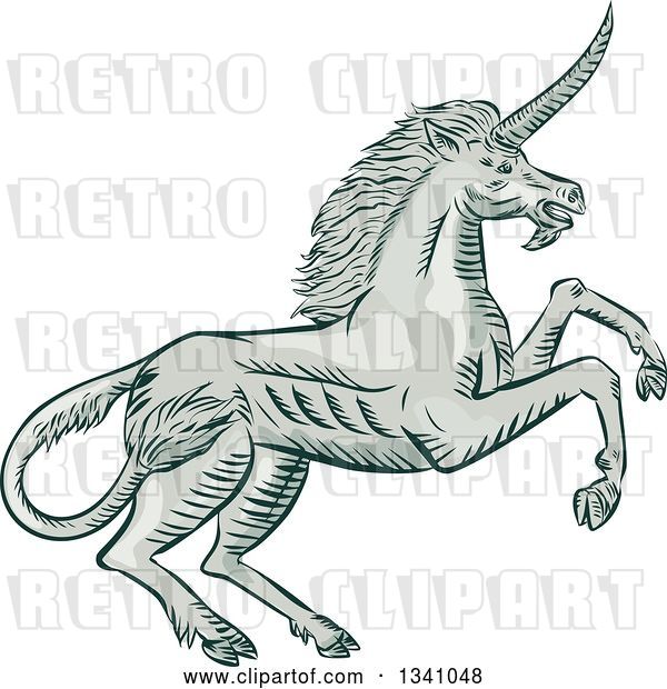 Vector Clip Art of Retro Sketched or Engraved Rearing Unicorn