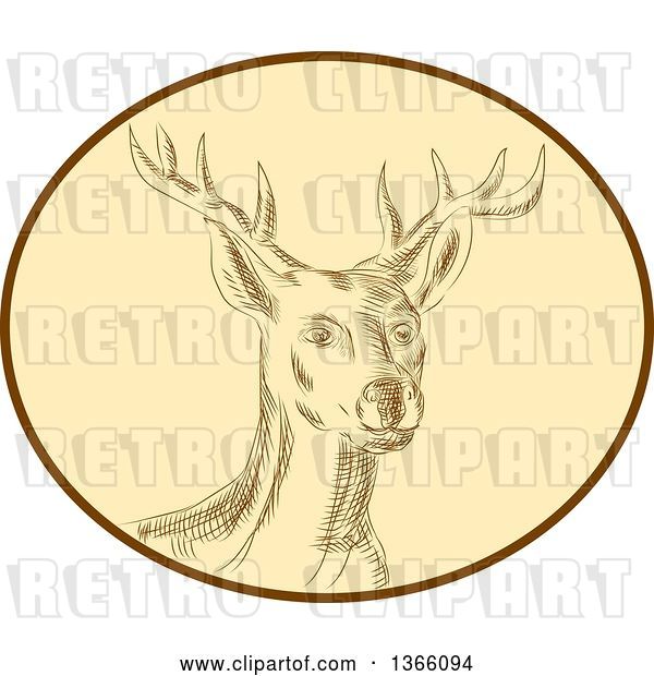 Vector Clip Art of Retro Sketched or Engraved Red Stag Deer Buck in a Brown and Tan Oval