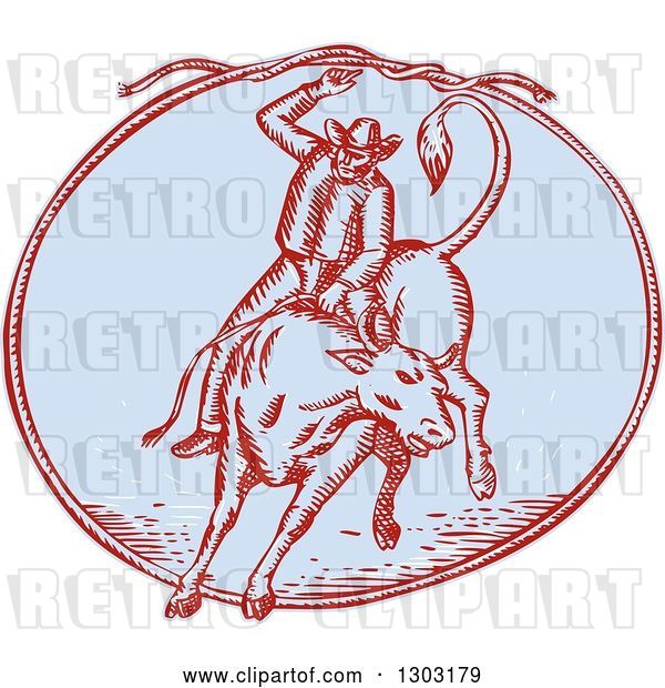 Vector Clip Art of Retro Sketched or Engraved Rodeo Cowboy Swinging a Lasso on a Bull in an Oval
