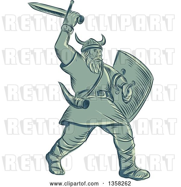 Vector Clip Art of Retro Sketched or Engraved Viking Warrior Holding a Shield and Wielding a Sword
