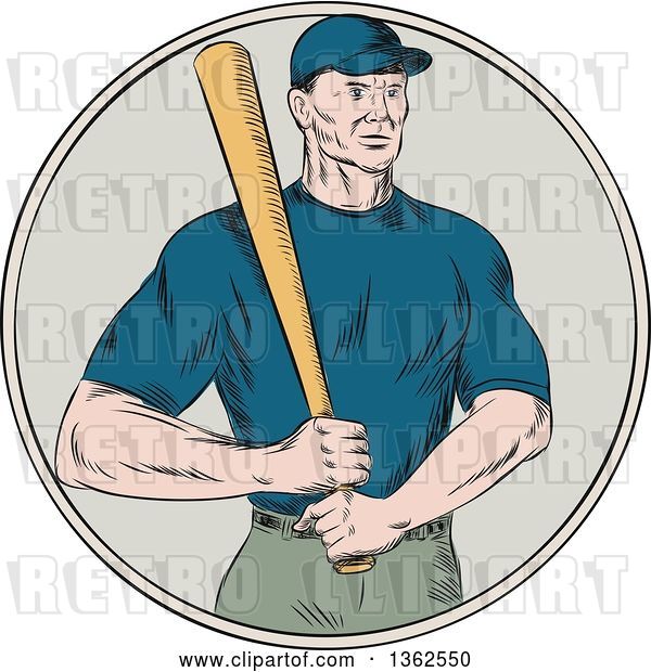 Vector Clip Art of Retro Sketched or Engraved White Male Baseball Player Holding a Bat in a Circle