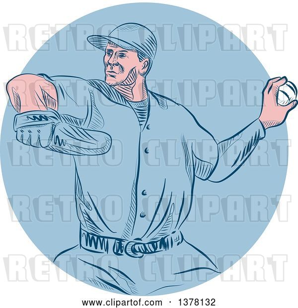 Vector Clip Art of Retro Sketched or Engraved White Male Baseball Player Pitching in a Blue Circle