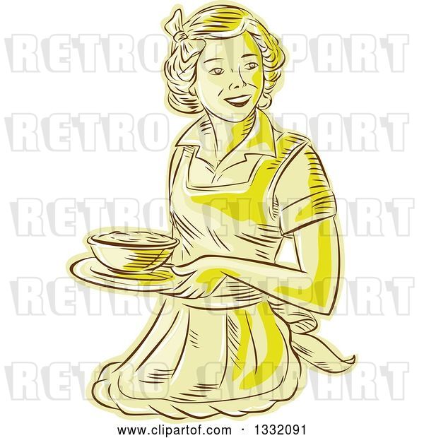 Vector Clip Art of Retro Sketched or Engraved Yellow Housewife or Waitress Wearing an Apron and Serving a Bowl of Food