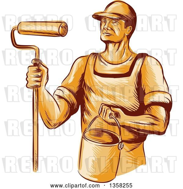Vector Clip Art of Retro Sketched Orange Male House Painter Holding a Roller Brush and Bucket