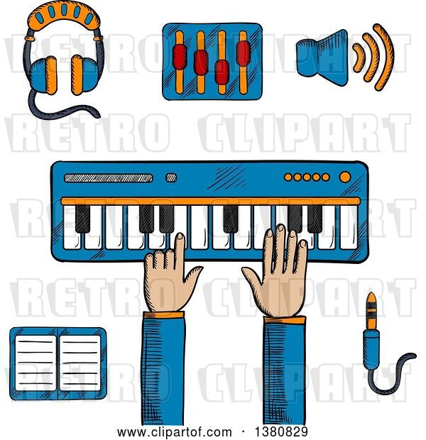 Vector Clip Art of Retro Sketched Person Playing an Electronic Keyboard, Earphones and Volume Sliders, Megaphone, Tablet or MP3 Player and a Sound Jack or Plug