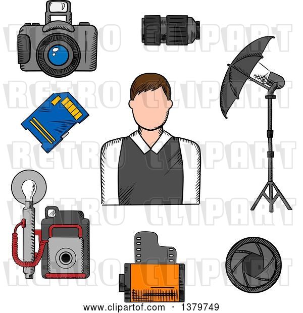 Vector Clip Art of Retro Sketched Photographer and Accessories