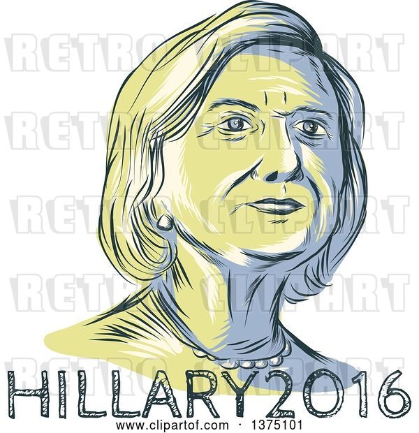 Vector Clip Art of Retro Sketched Portrait of Hillary Clinton over Text