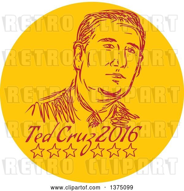 Vector Clip Art of Retro Sketched Portrait of Ted Cruz, Republican Residential Candidate, in a Circle over Text