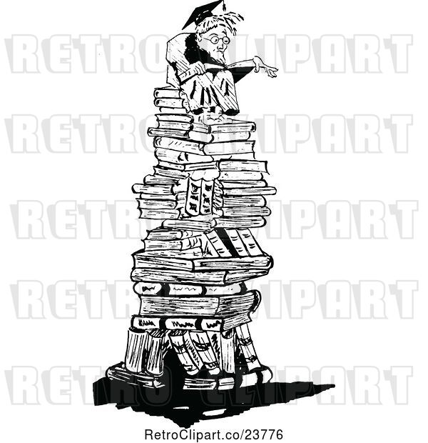 Vector Clip Art of Retro Sketched Professor on a Pile of Books