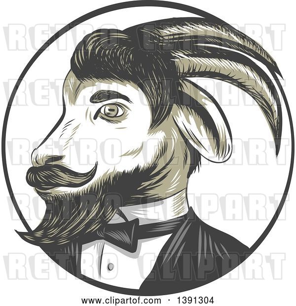 Vector Clip Art of Retro Sketched Ram Goat in a Tuxedo, in a Circle