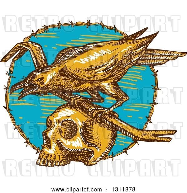 Vector Clip Art of Retro Sketched Raven with a Crow Bar on Top of a Skull in a Barbed Wire Circle