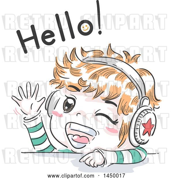 Vector Clip Art of Retro Sketched Red Haired White Boy Waving and Wearing Headphones Under Hello Text