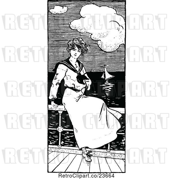 Vector Clip Art of Retro Sketched Sailor Lady Watching Boats