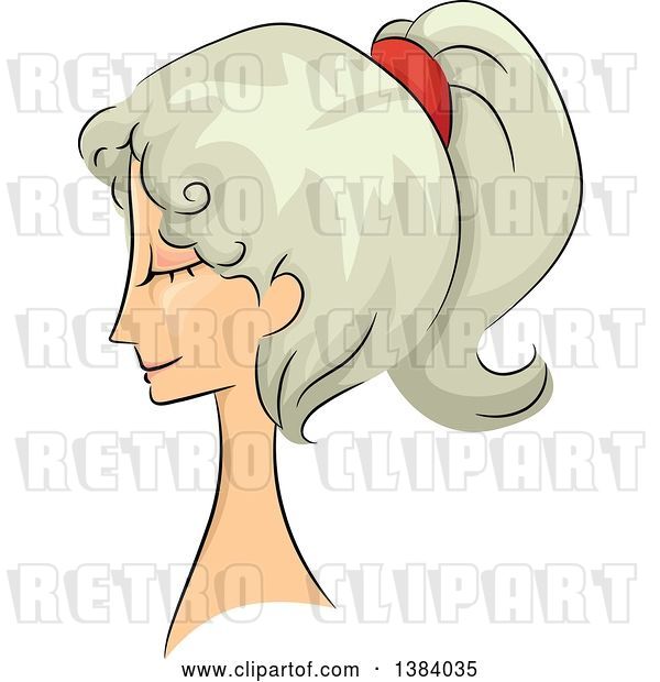 Vector Clip Art of Retro Sketched Senior White Lady in Profile, with Her Hair in a 50s Style Pony Tail