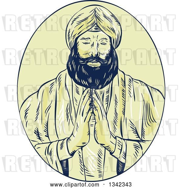 Vector Clip Art of Retro Sketched Sikh Guru Priest Praying in a Yellow Oval