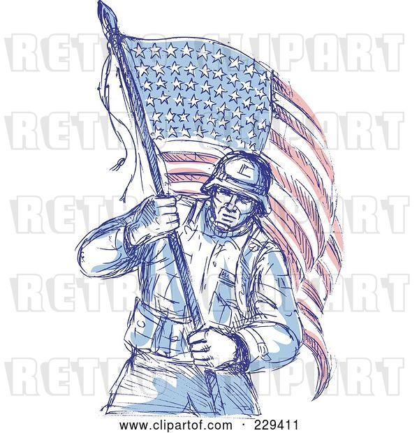 Vector Clip Art of Retro Sketched Soldier Carrying an American Flag