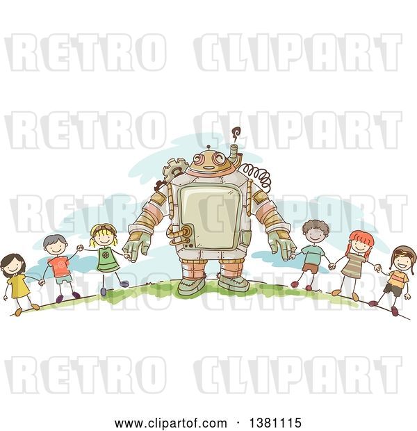 Vector Clip Art of Retro Sketched Steampunk Robot and Stick Children Holding Hands Outside