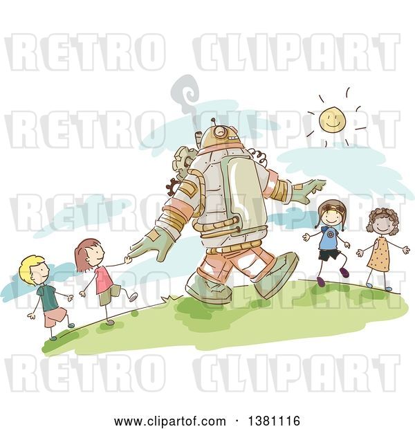 Vector Clip Art of Retro Sketched Steampunk Robot and Stick Children Walking Outside