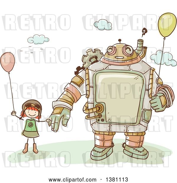 Vector Clip Art of Retro Sketched Steampunk Robot and Stick Girl Holding Balloons