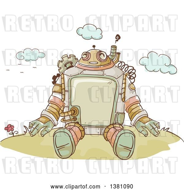 Vector Clip Art of Retro Sketched Steampunk Robot Sitting Outdoors