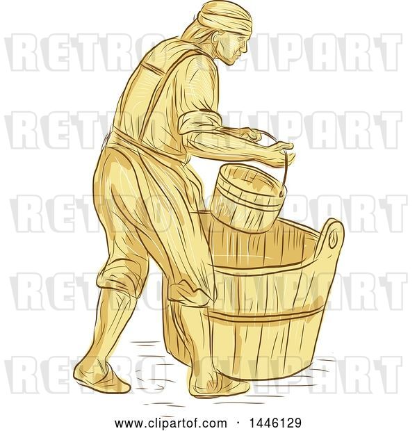 Vector Clip Art of Retro Sketched Styled Medieval Miller or Milne with a Bucket over a Barrel