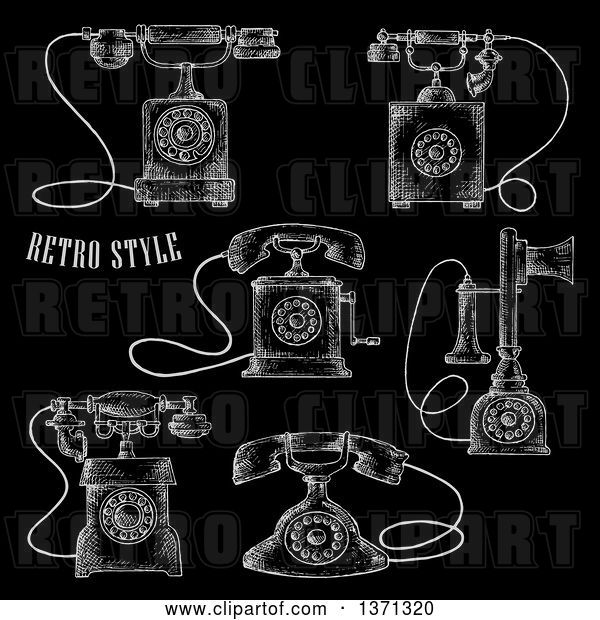 Vector Clip Art of Retro Sketched Telephones on Black