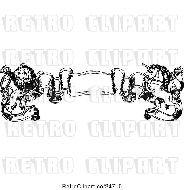Vector Clip Art of Retro Sketched Unicorn and Lion Banner