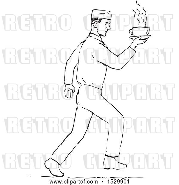 Vector Clip Art of Retro Sketched Waiter Serving Coffee