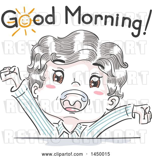 Vector Clip Art of Retro Sketched White Boy Stretching and Shouting Good Morning