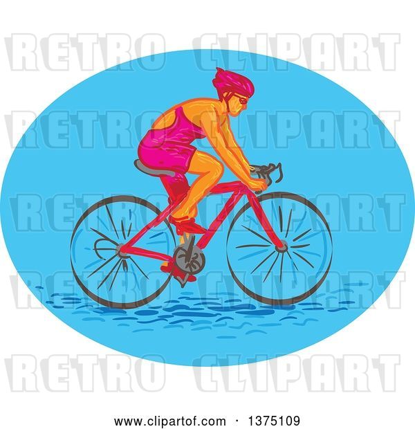 Vector Clip Art of Retro Sketched White Female Cyclist in a Blue Oval