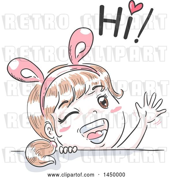 Vector Clip Art of Retro Sketched White Girl Wearing Bunny Ears, Waving and Saying Hi