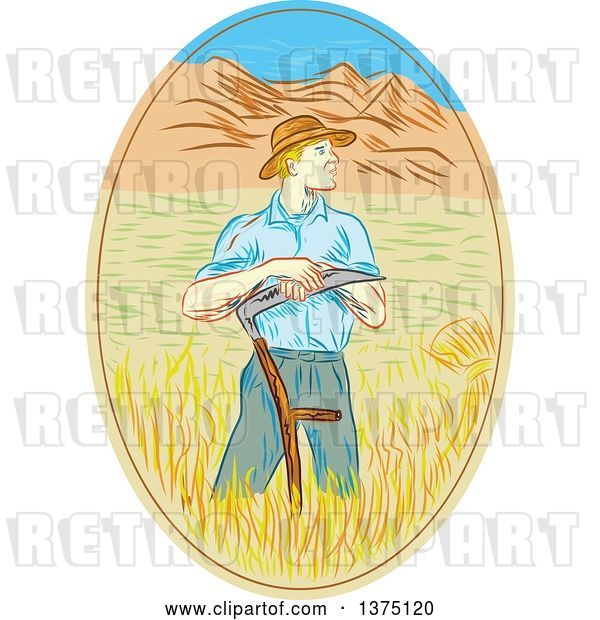 Vector Clip Art of Retro Sketched White Male Wheat Farmer Leaning on a Scythe in a Field Within an Oval