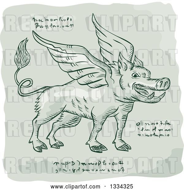 Vector Clip Art of Retro Sketched Winged Wild Boar with Manuscript Cypher Text Code