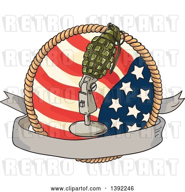 Vector Clip Art of Retro Sketched World War Two Grenade Mounted on a Microphone Stand over a Blank Banner, American Flag and Rope