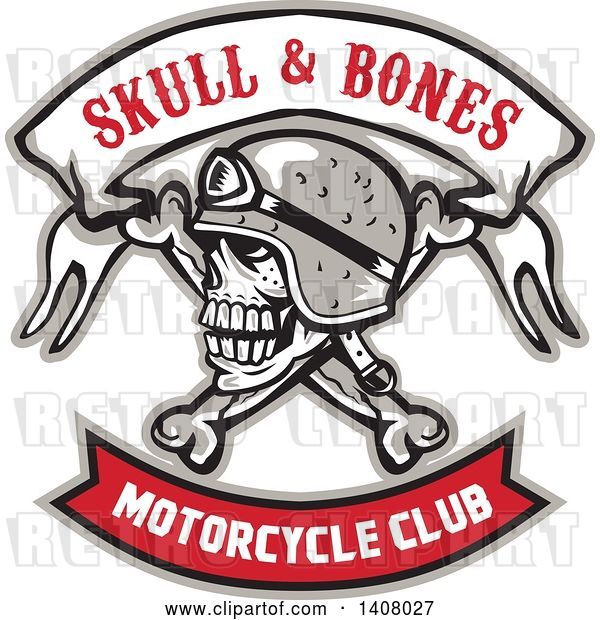 Vector Clip Art of Retro Skull and Crossbones with a Biker Helmet and Text Banners