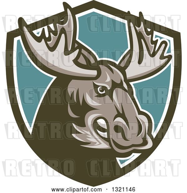 Vector Clip Art of Retro Snarling Tough Moose in a Green White and Turquoise Shield